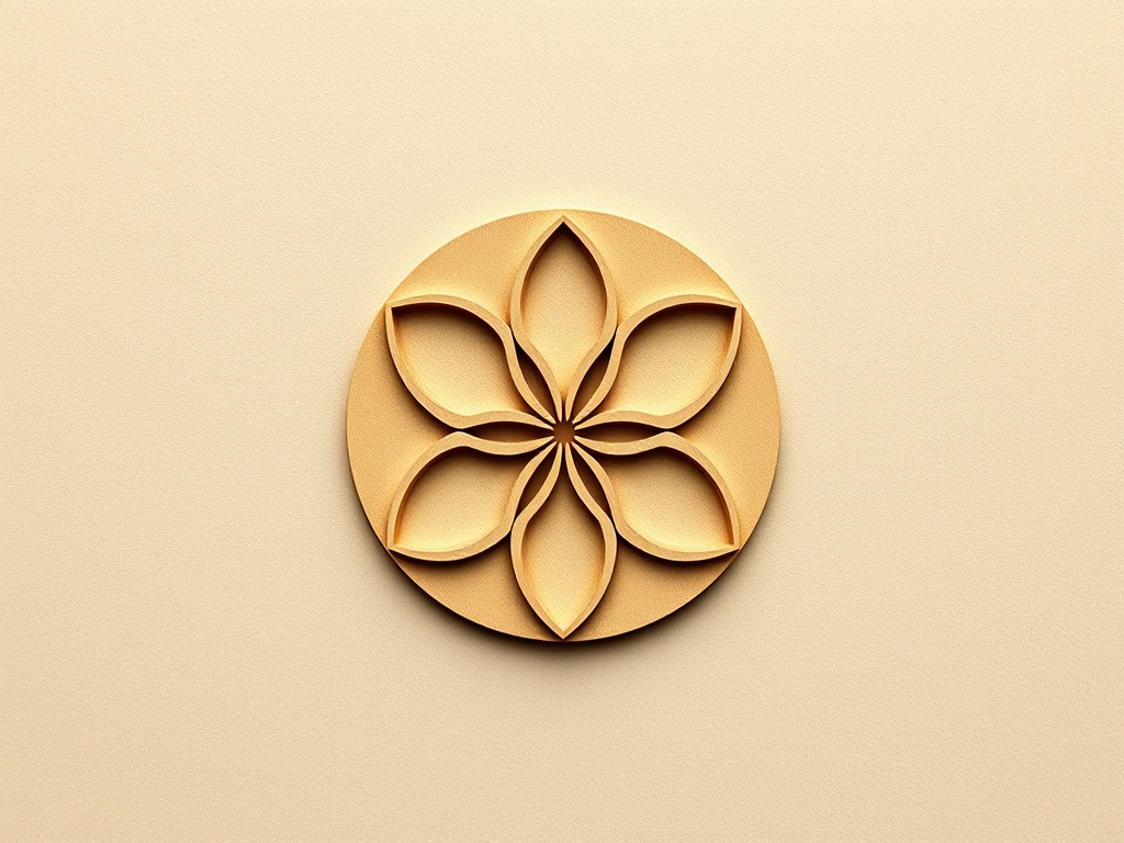 Minimalist vector-style icon of a lotus combined with a circle, but presented as a physical 3D wooden carving on textured paper, photorealistic 8k macro